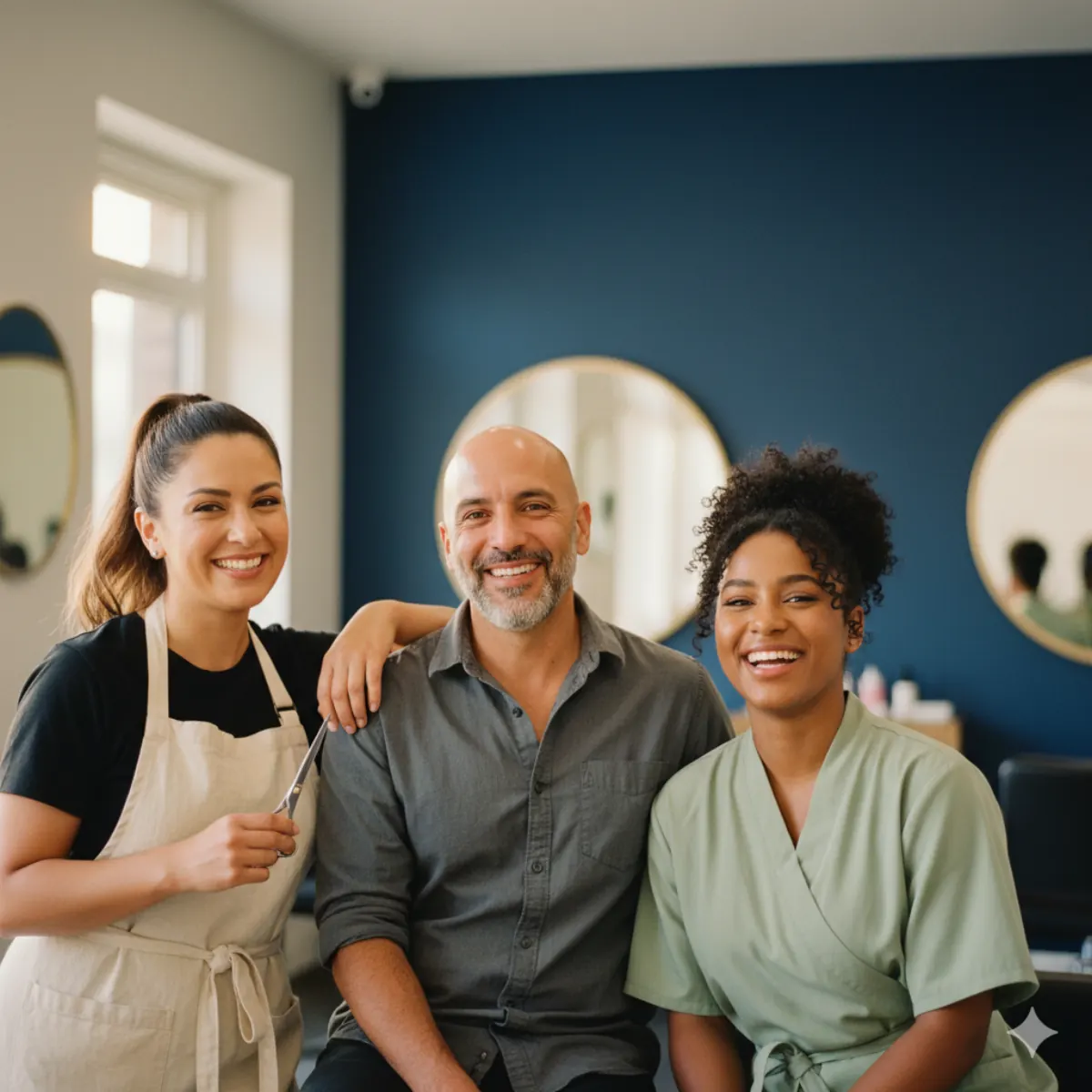 Tres personas del equipo de un salón, en su puesto